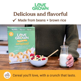 Love Grown Power O’s ingredients featuring beans and brown rice for protein.