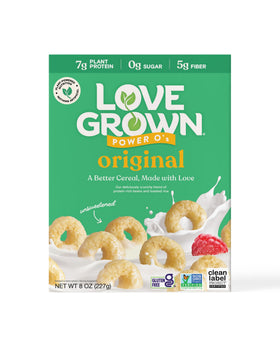 Love Grown Power O’s box front showcases protein cereal for a balanced breakfast.