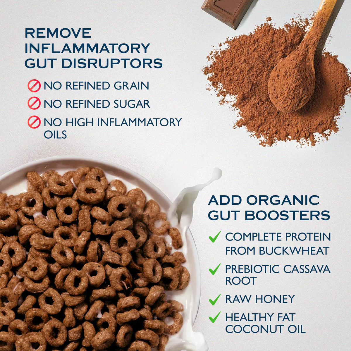Lovebird cassava and buckwheat ingredients emphasizing natural prebiotic fiber.
