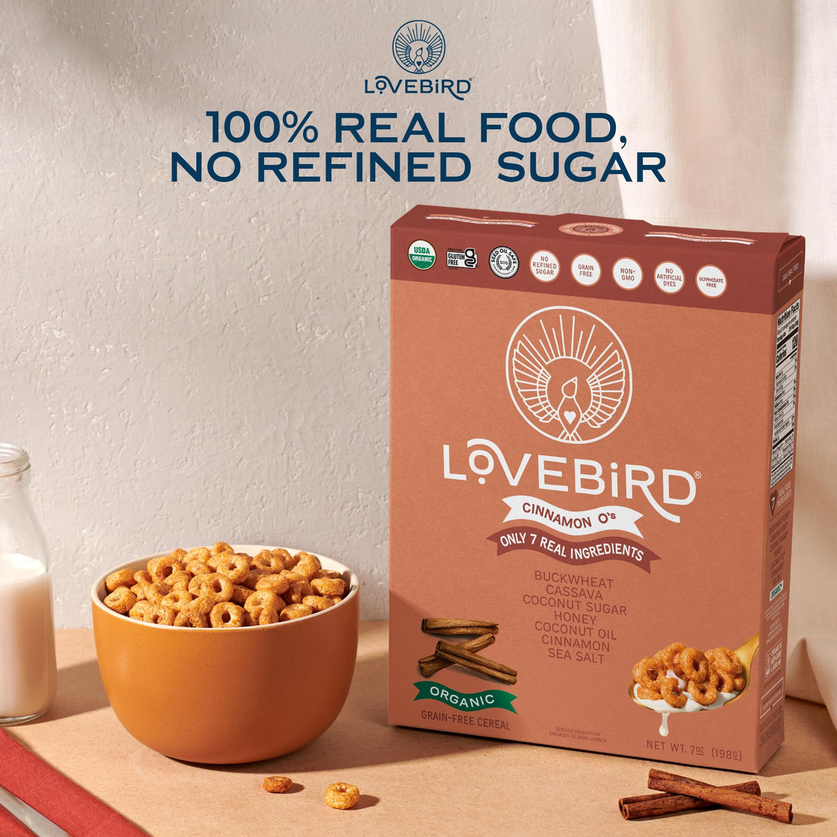 Lovebird Cereal gluten-free label communicates safety for gluten-free diets.