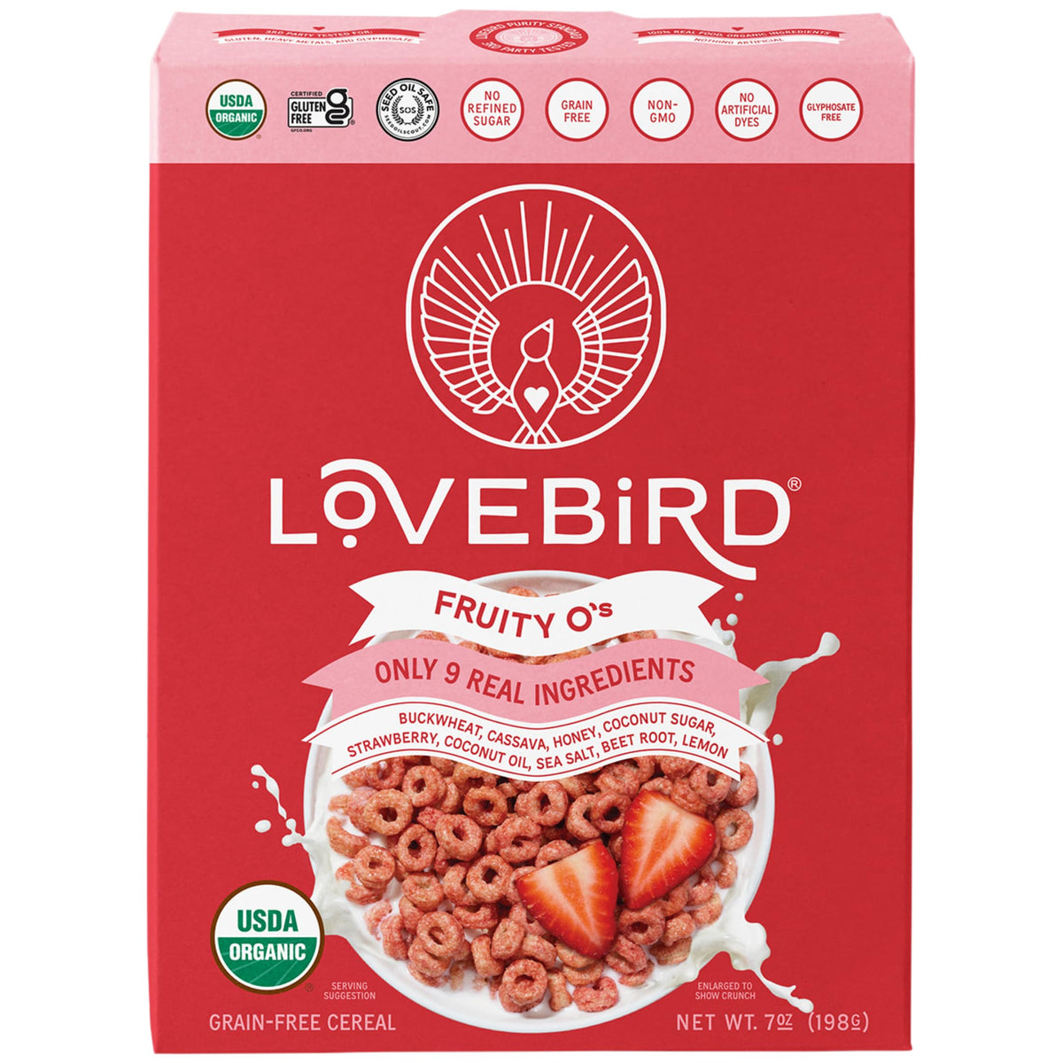 Lovebird cereal grain free strawberry organic 7oz; crunchy grain-free treat for small pets