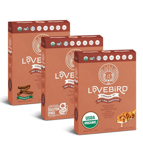 Lovebird Cinnamon Cereal box front highlights real ingredients and grain-free formulation.