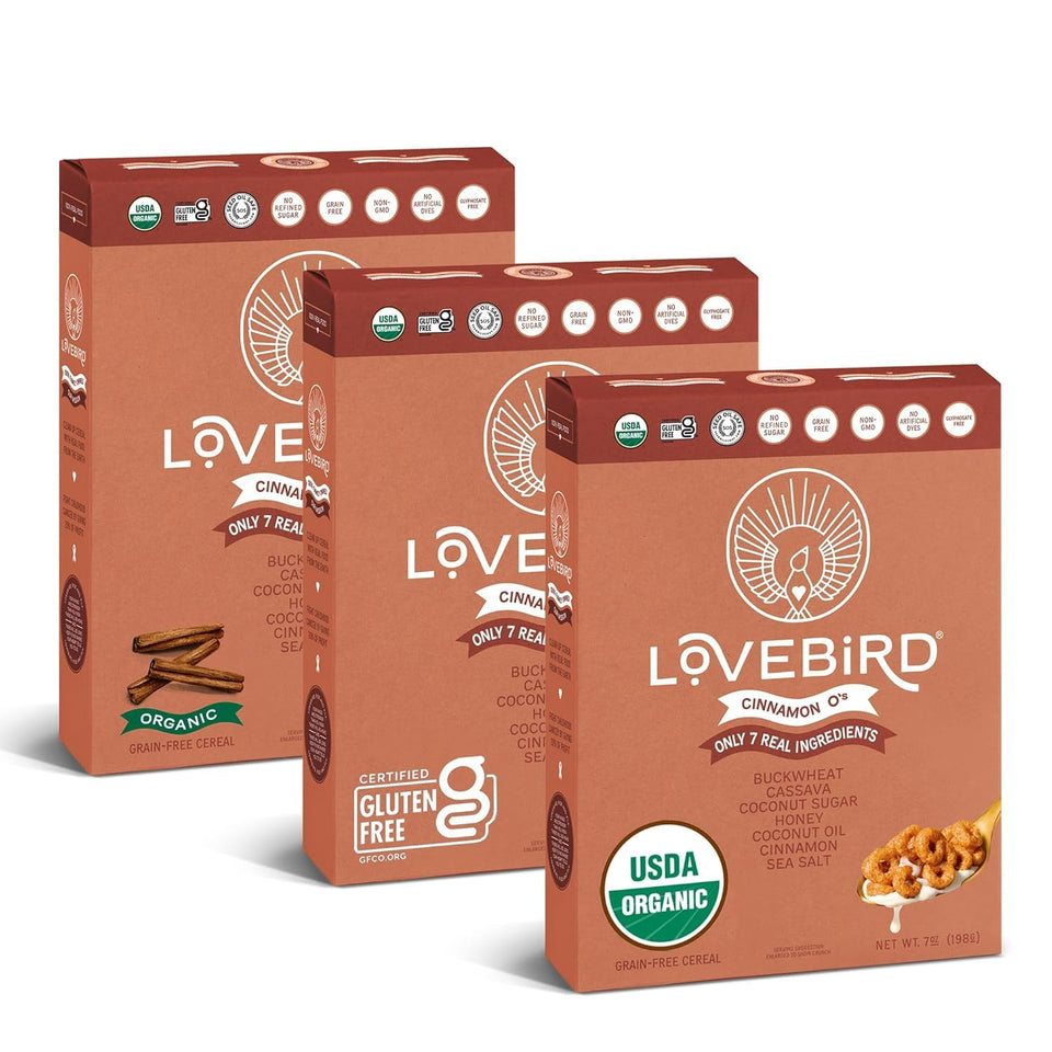 Lovebird Cinnamon Cereal box front highlights real ingredients and grain-free formulation.