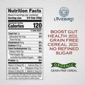 Lovebird Cinnamon Cereal ingredients front emphasizes organic real-food components.