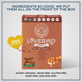 Lovebird Cinnamon Cereal keto-friendly icon highlights low-carb snacking options.