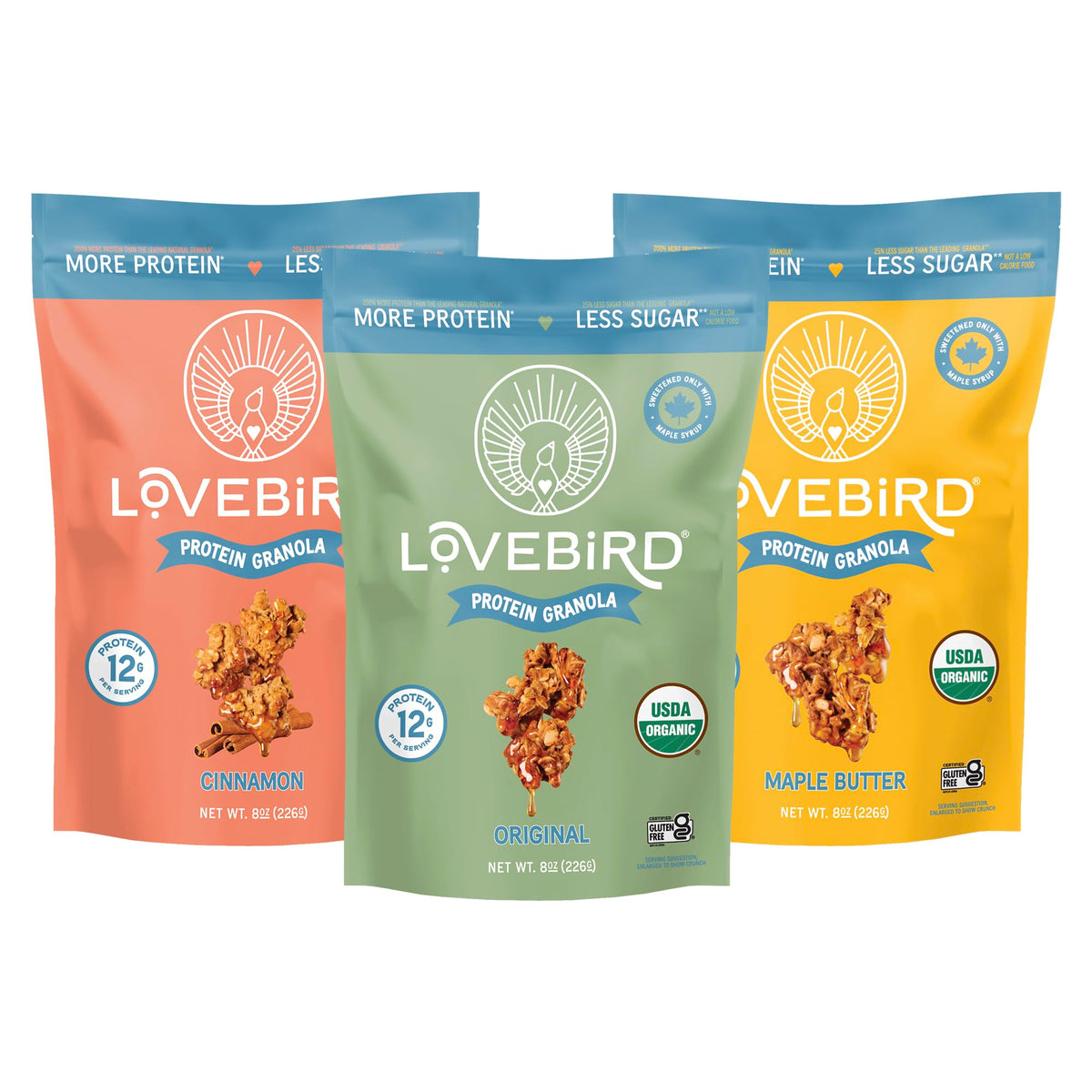 Lovebird Gluten Free Granola bag front view highlighting high-protein crunch for breakfast