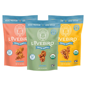 Lovebird Gluten Free Granola bag front view highlighting high-protein crunch for breakfast