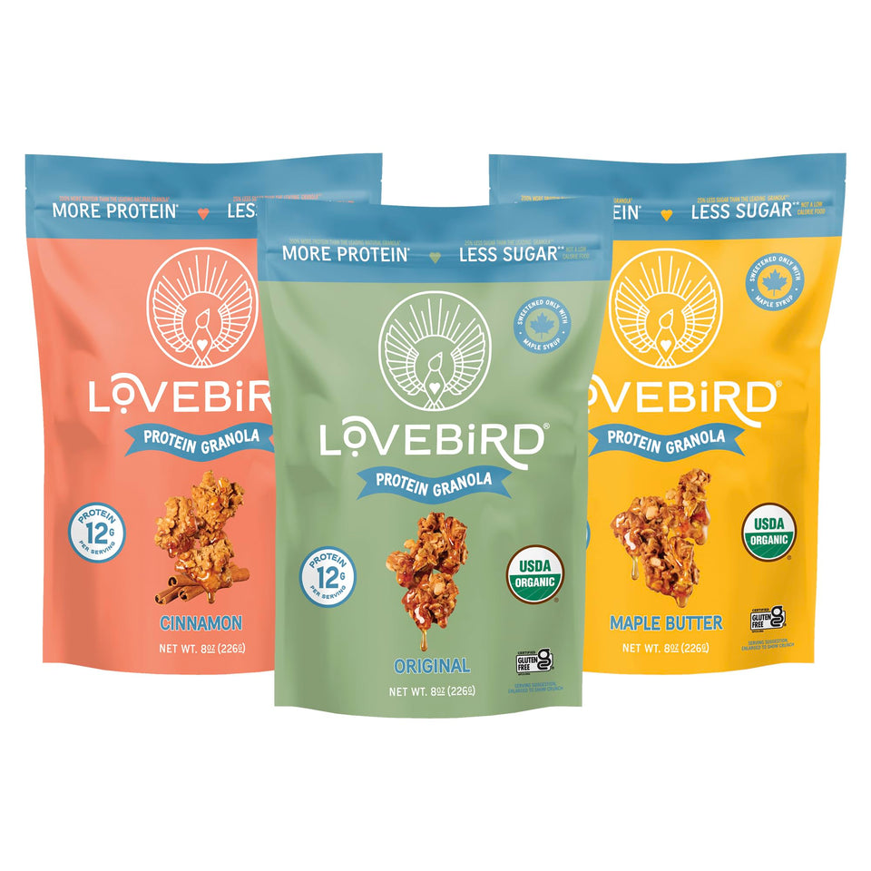 Lovebird Gluten Free Granola bag front view highlighting high-protein crunch for breakfast