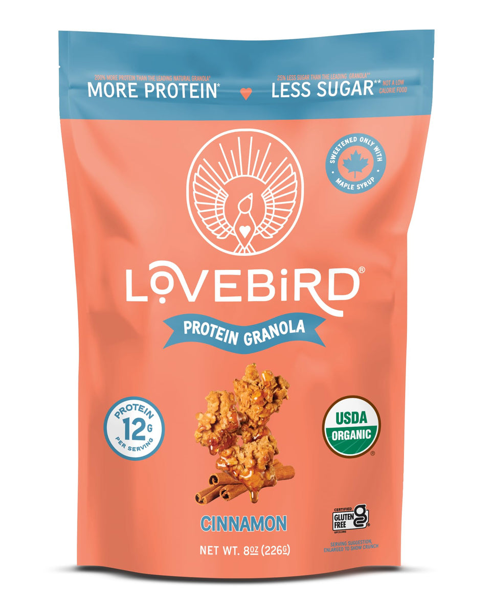 Lovebird gluten free granola in a bowl showing protein-packed crunch for breakfast.