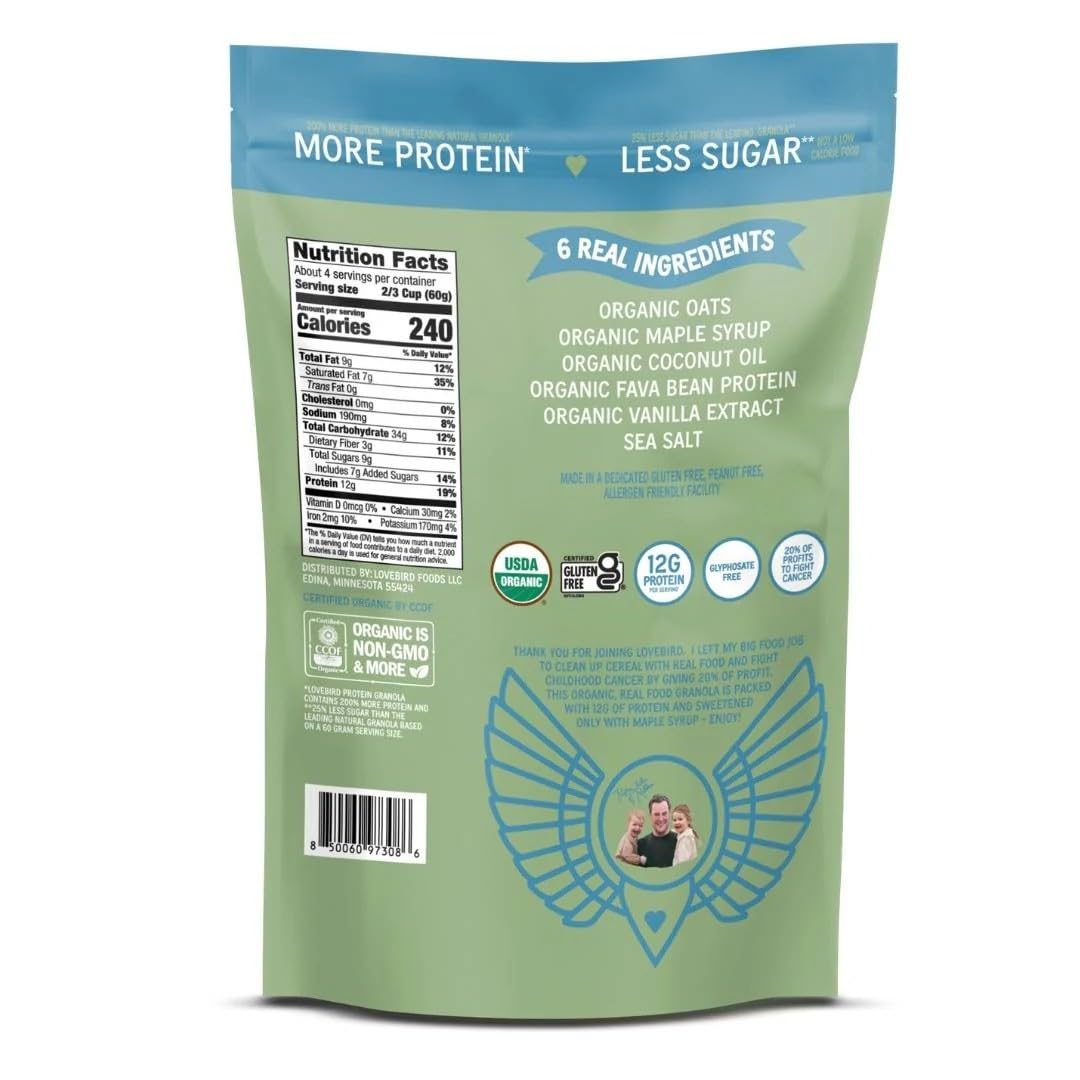 Lovebird Gluten Free Granola container close-up showing crunchy clusters for topping yogurt