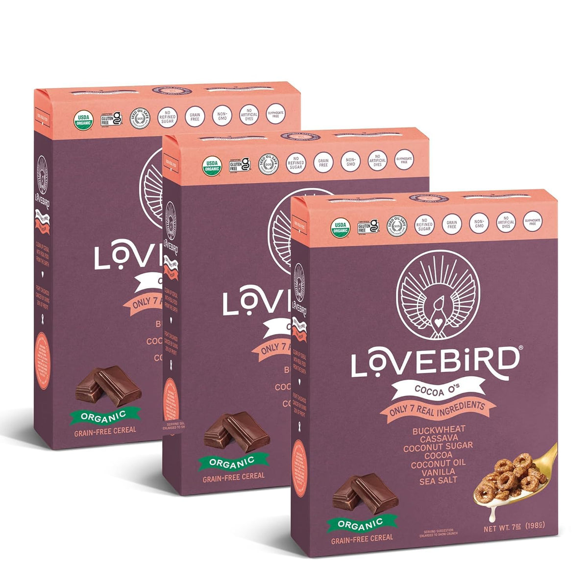 Lovebird organic cereal box front showing clean ingredients for a healthy breakfast.