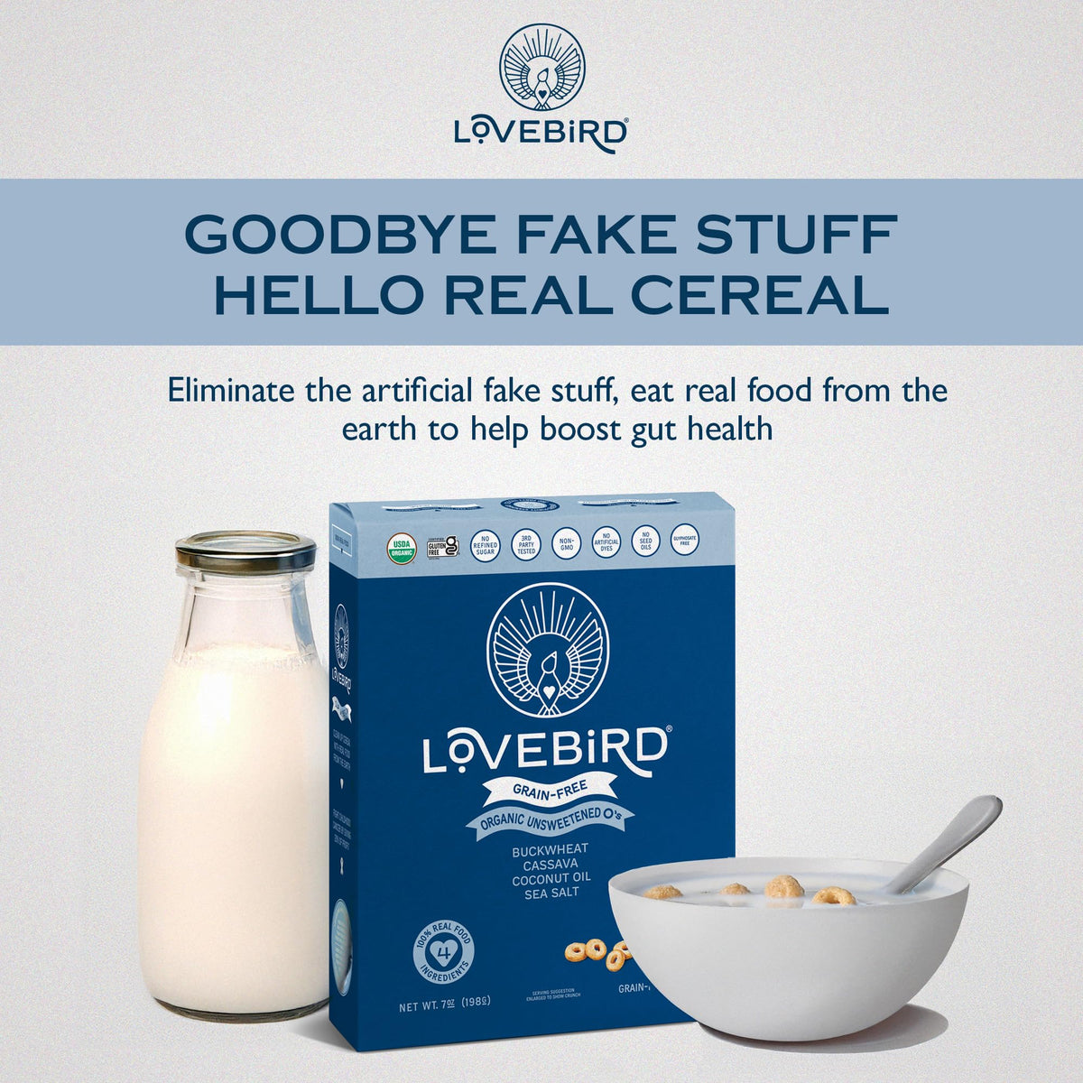 Lovebird Organic Cereal close-up highlights grain-free texture and natural sweetness.