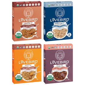 Lovebird Organic Cereal crunch close-up highlighting real ingredients and texture.