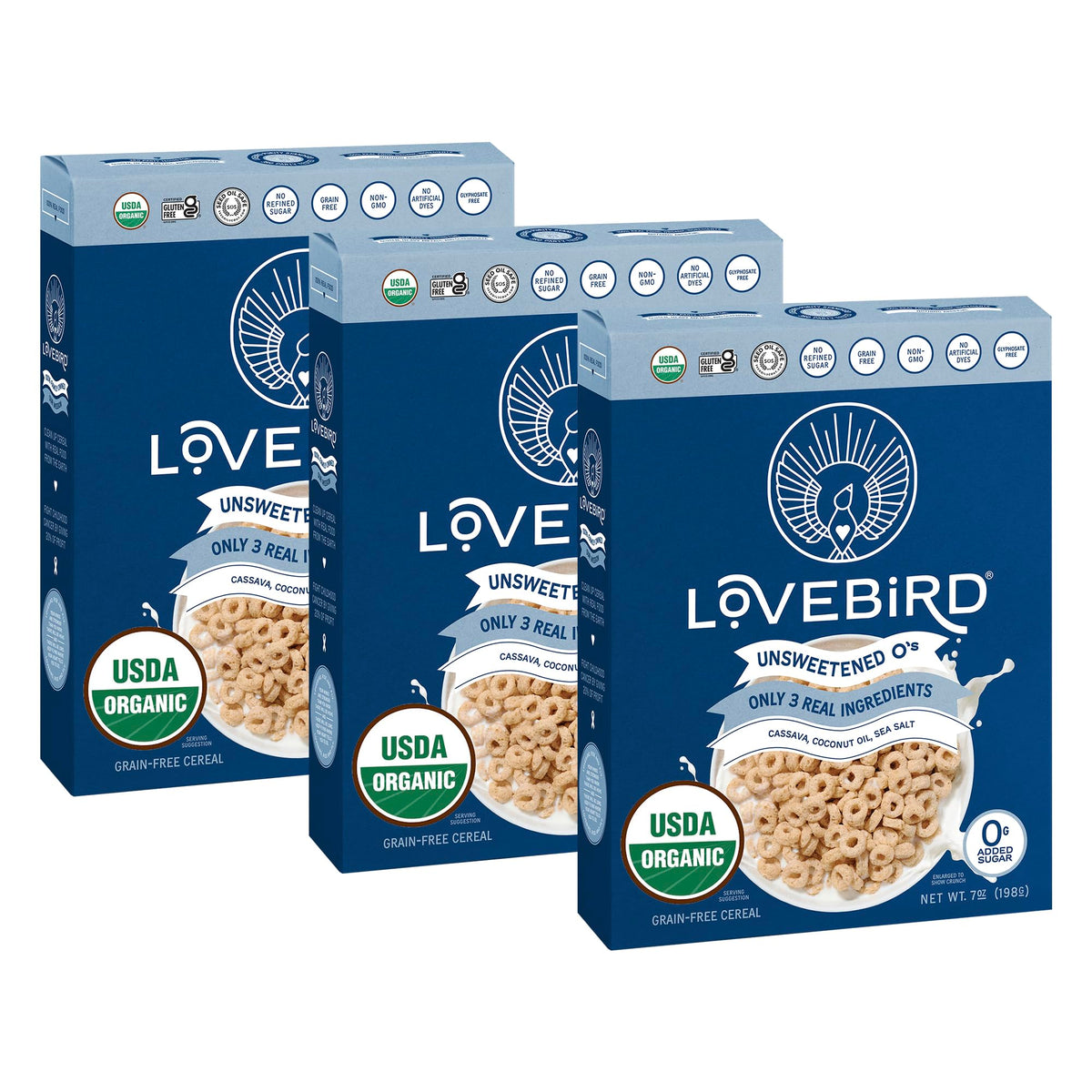 Lovebird Organic Cereal front box reveals clean, real-food ingredients for a quick gluten-free breakfast.