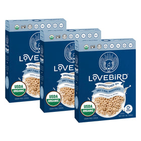 Lovebird Organic Cereal front box reveals clean, real-food ingredients for a quick gluten-free breakfast.