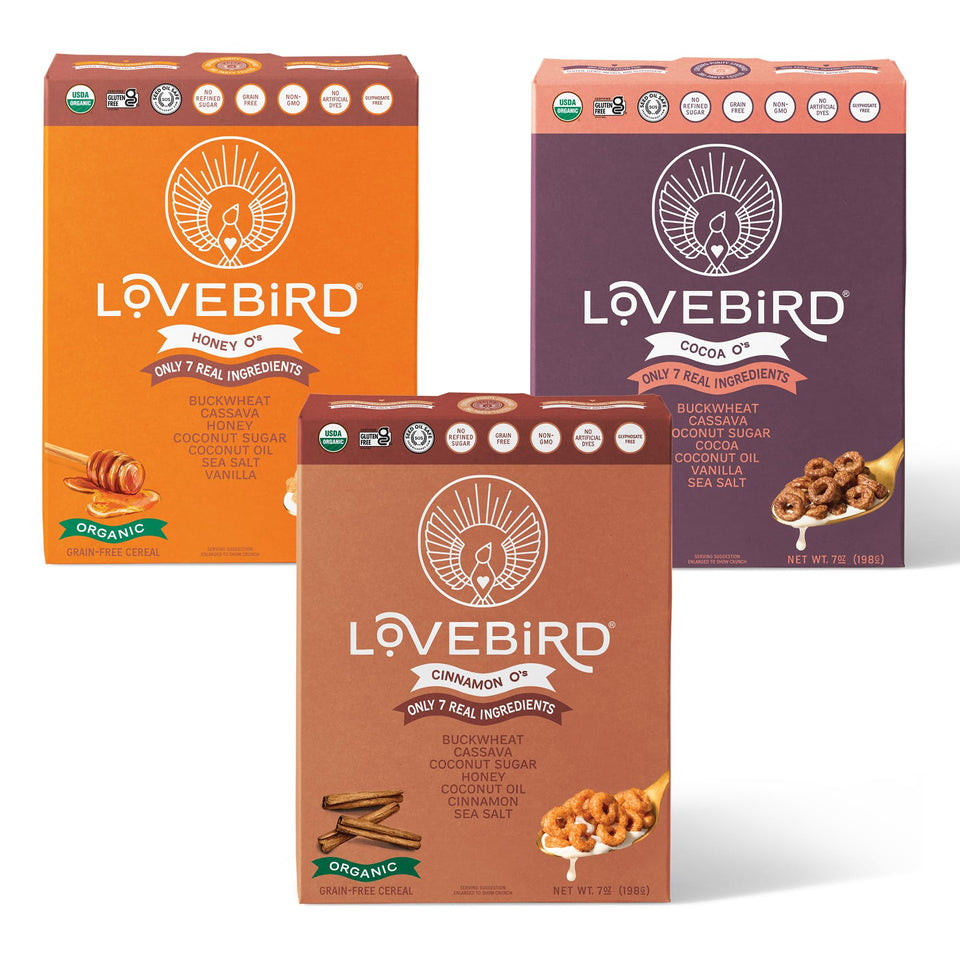 Lovebird Organic Cereal front label reveals real ingredients for clean eating.