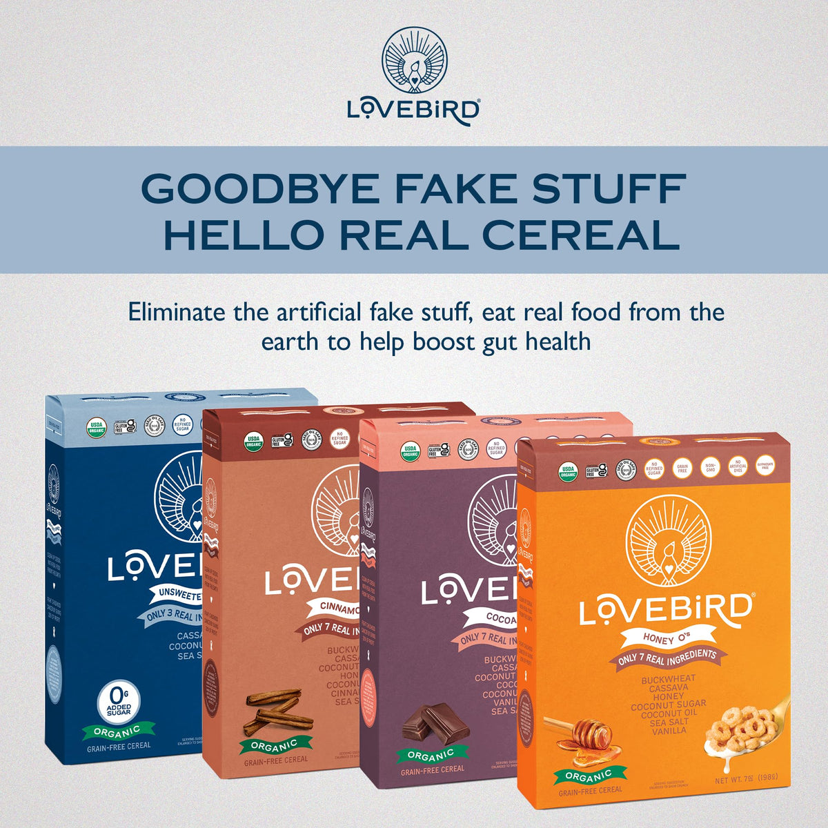Lovebird Organic Cereal ingredients list highlights organic, simple components you can trust.