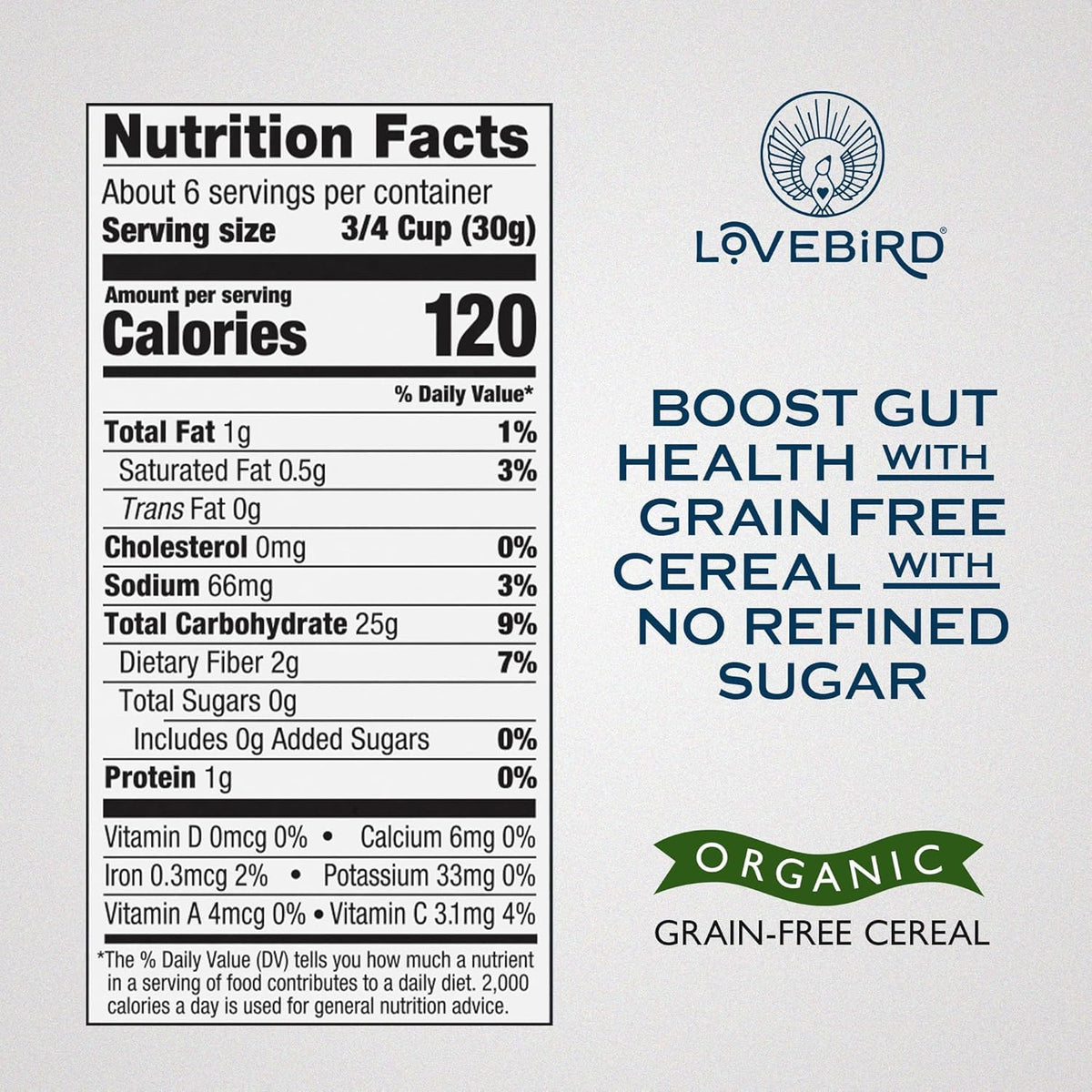 Lovebird Organic Cereal being poured into a bowl reveals crisp texture for a satisfying crunch.