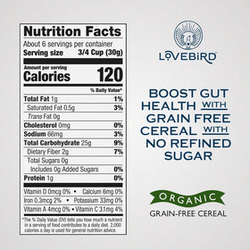 Lovebird Organic Cereal being poured into a bowl reveals crisp texture for a satisfying crunch.