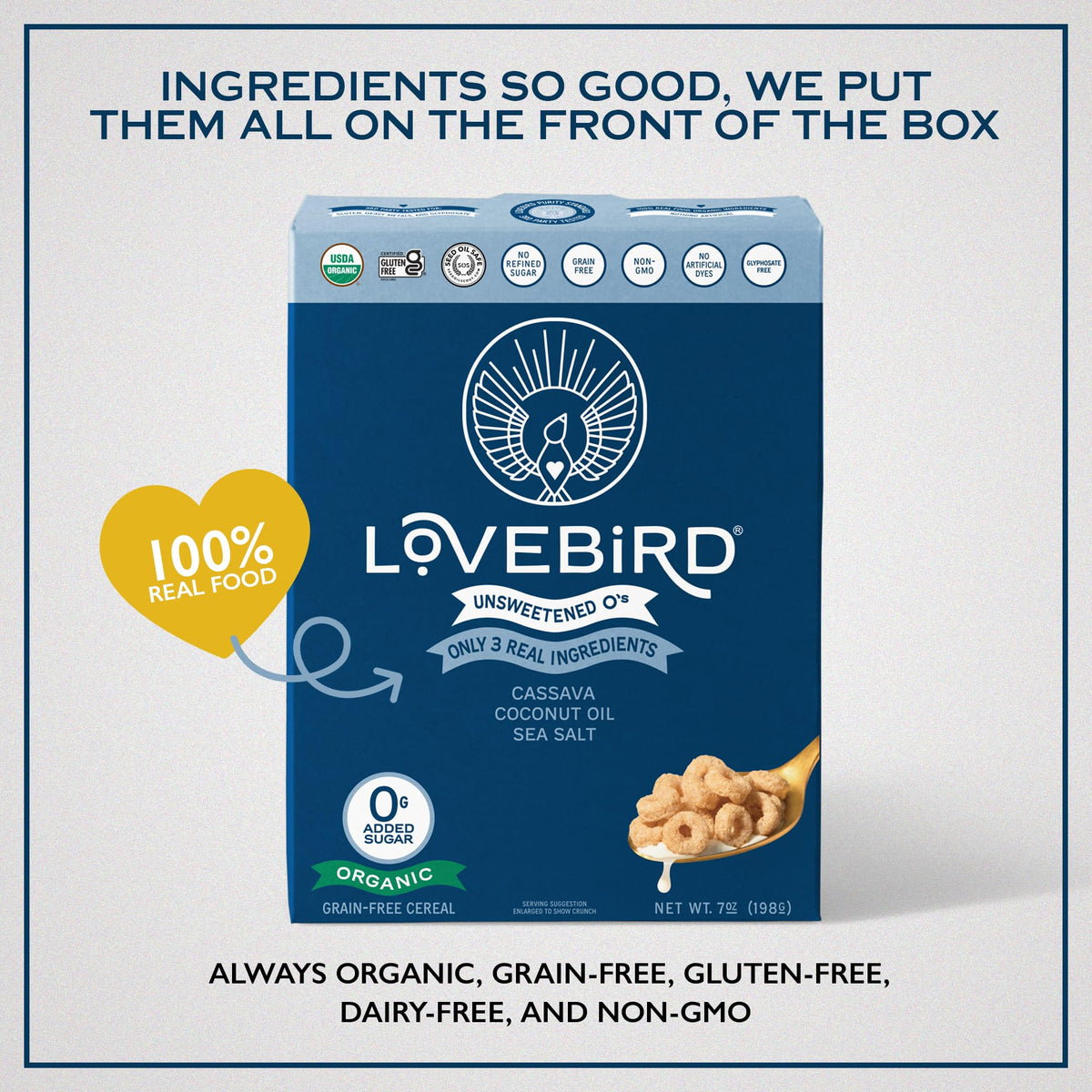 Lovebird Organic Cereal being poured showcases crunch and natural sweetness.