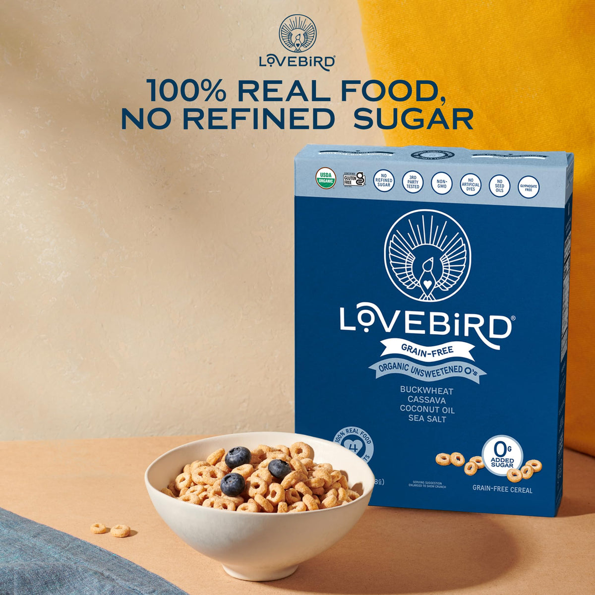 Lovebird Organic Cereal third-party tested seal emphasizes purity and safety.