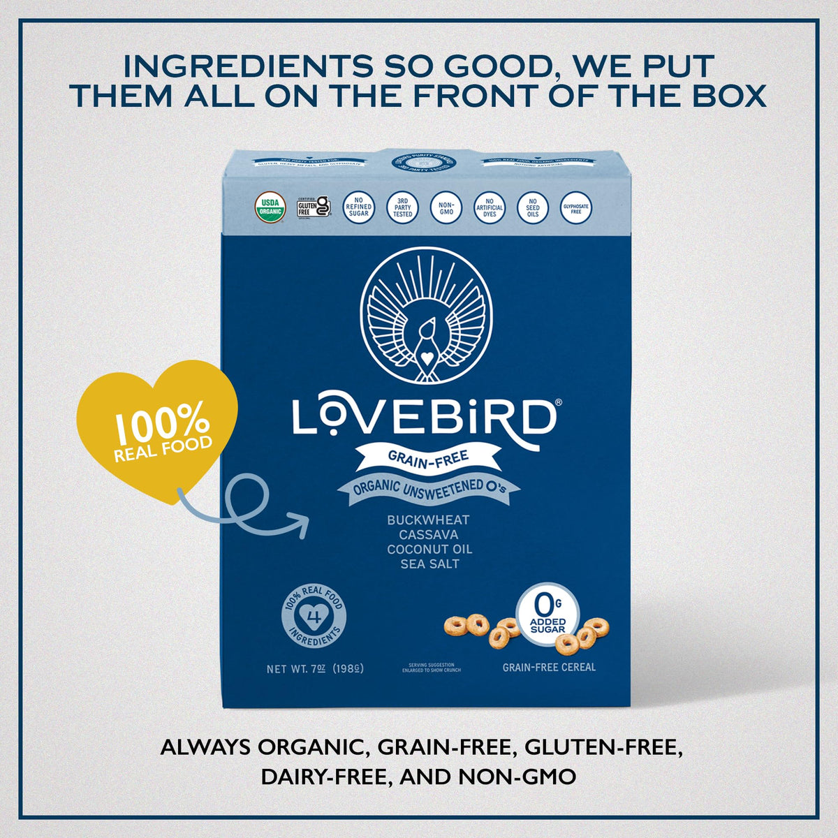 Lovebird Organic Cereal unsweetened AIP option demonstrates gentle, gut-friendly cassava-buckwheat blend.