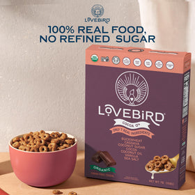 Lovebird snack-ready cereal with milk for quick breakfast or snack.