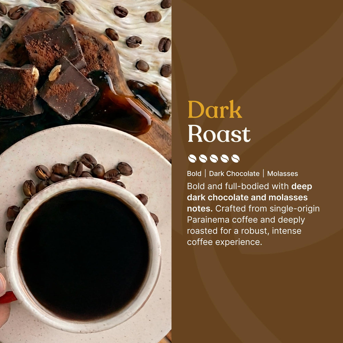 Love Grown dark roast coffee pod with bold flavor and cocoa notes.