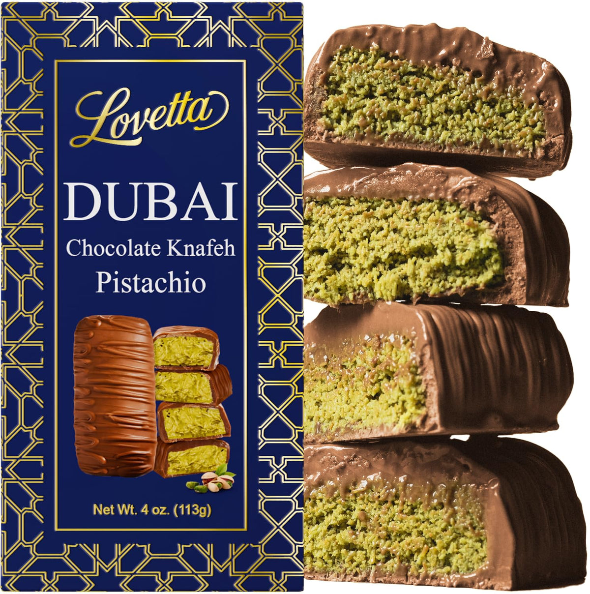 Lovetta Dubai Pistachio Knafeh bar in blue box, premium on-the-go treat.
