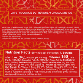 Lovetta Dubai Chocolate Bar Cookie Butter Knafeh close-up reveals rich chocolate and creamy filling.