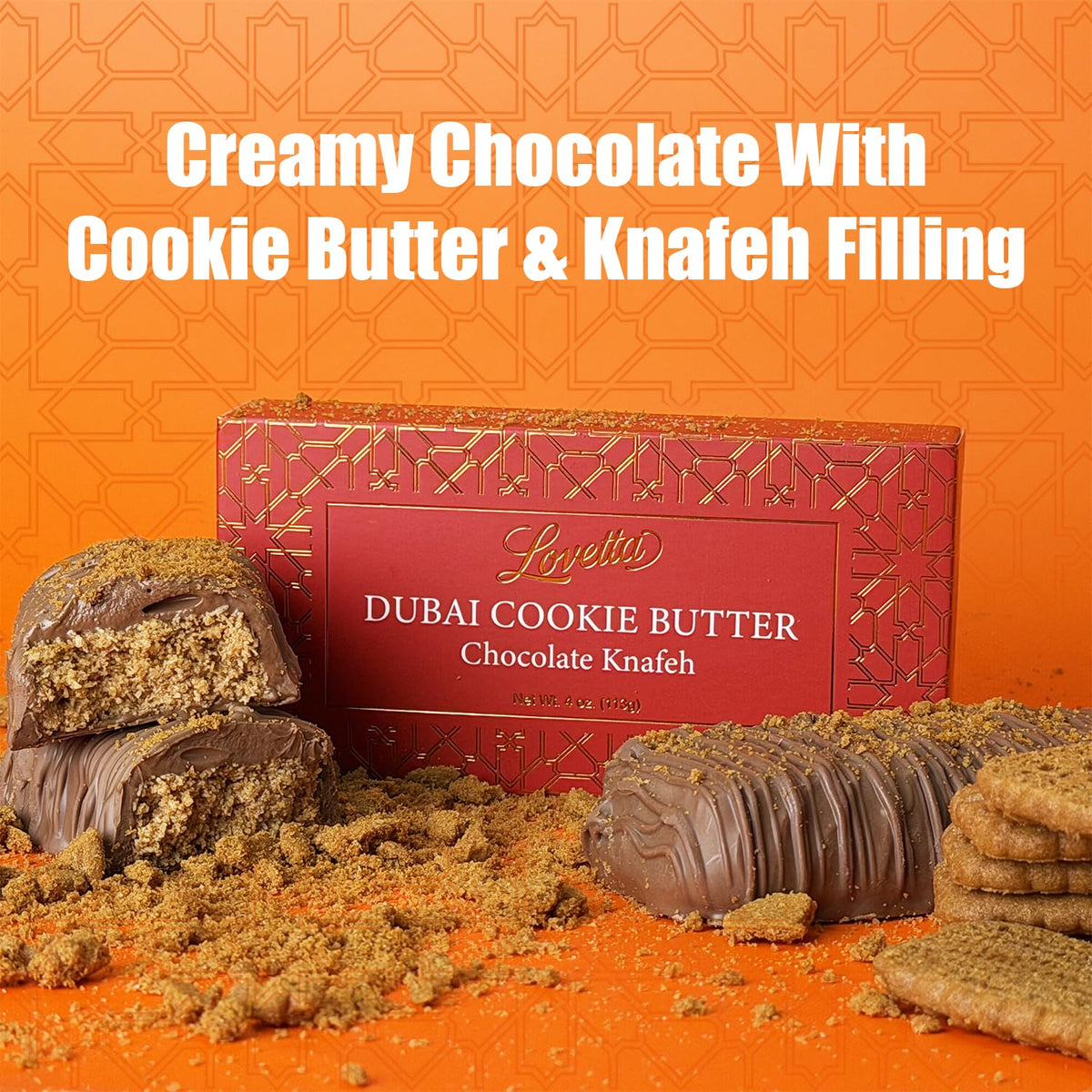 Lovetta Dubai Chocolate Bar Cookie Butter Knafeh individually wrapped for peak freshness on the go.