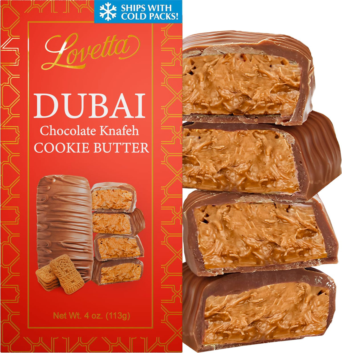 Lovetta Dubai Chocolate Bar Cookie Butter Knafeh in a blue outer box, perfect for gifting occasions.