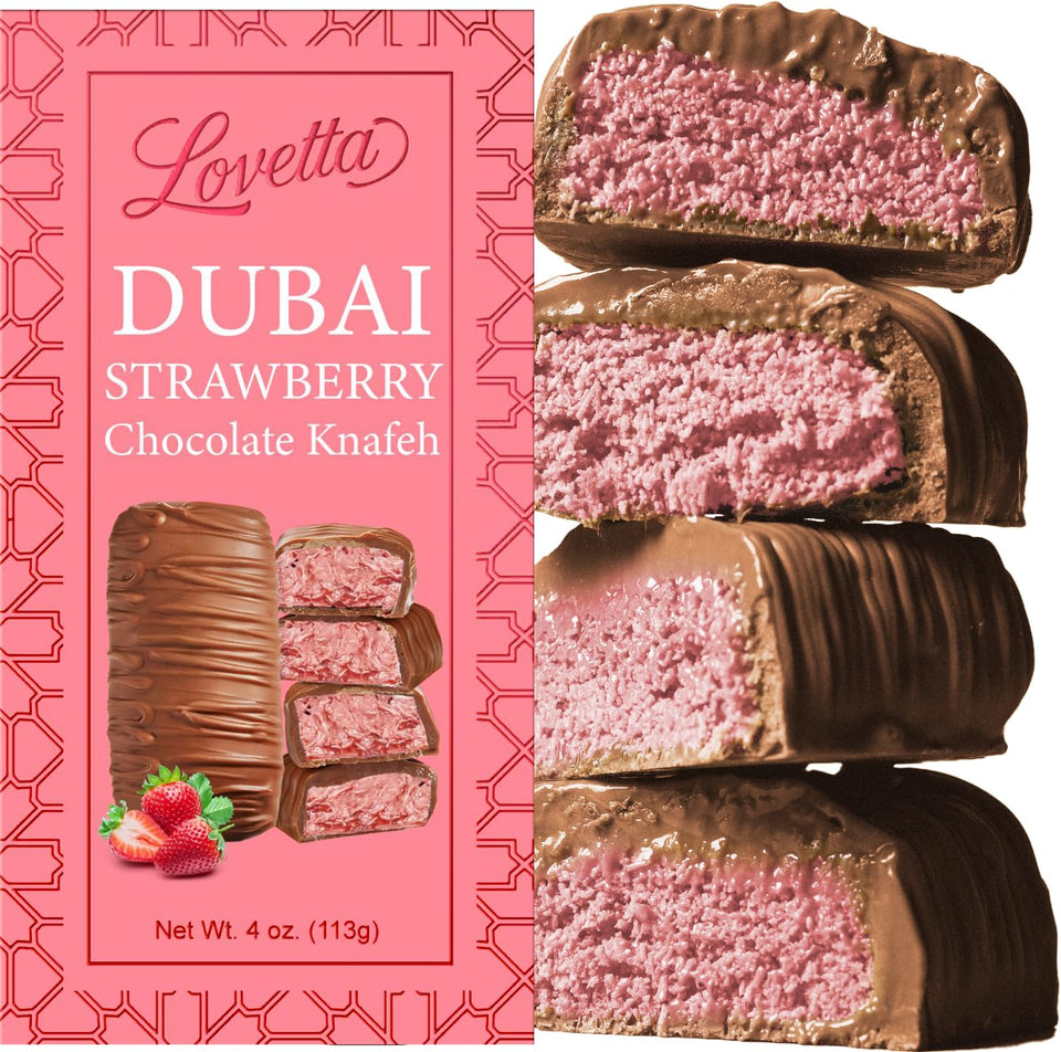 Lovetta Dubai Strawberry Knafeh chocolate bar with strawberry cream and kataifi, ideal for gifting or dessert moments
