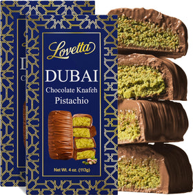 Lovetta Dubai milk chocolate bar with pistachio knafeh filling for a luxurious on-the-go treat.
