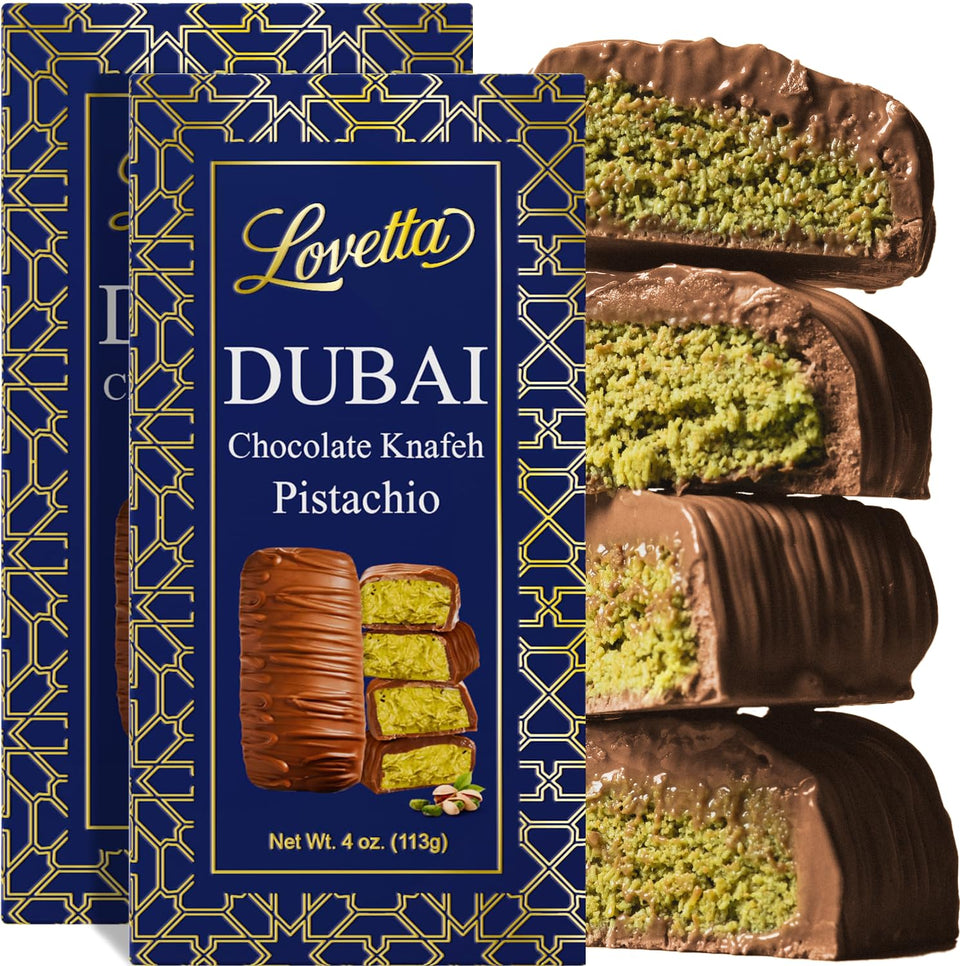 Lovetta Dubai milk chocolate bar with pistachio knafeh filling for a luxurious on-the-go treat.