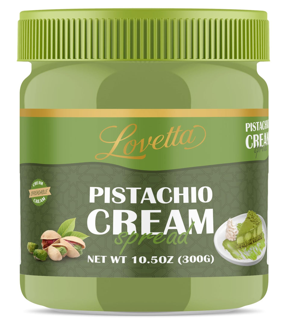 Lovetta Pistachio Cream jar with smooth texture, perfect for crepes and dessert fillings.