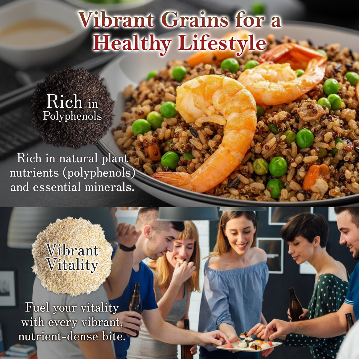 low GI rice blend highlights fiber and minerals in meals.