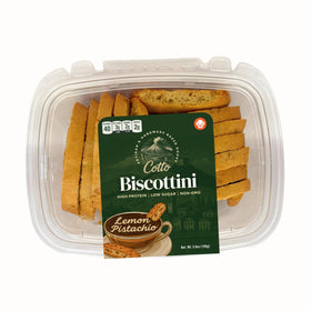 Lowcarb Avenue Lemon Pistachio Biscottini crisp with tea, ideal for a refreshingly citrus snack