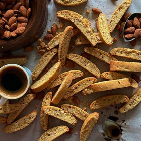 LOWCARB AVENUE crisp almond biscotti bite, ideal for dunking in coffee.