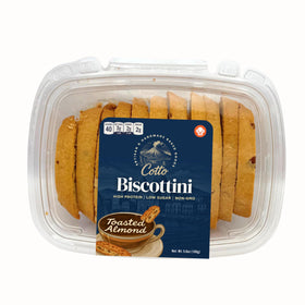 LOWCARB AVENUE Toasted Almond Biscottini packaging, gift-ready presentation.