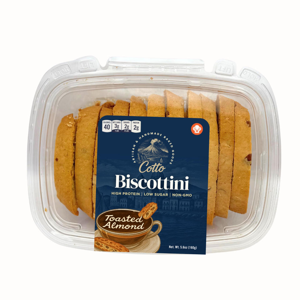 LOWCARB AVENUE Toasted Almond Biscottini packaging, gift-ready presentation.