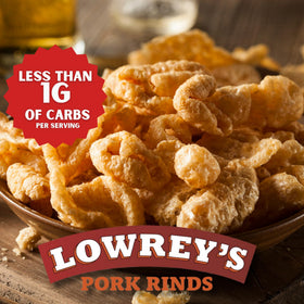 Hot, crispy Lowrey's Bacon Curls pork rinds fresh from the bag