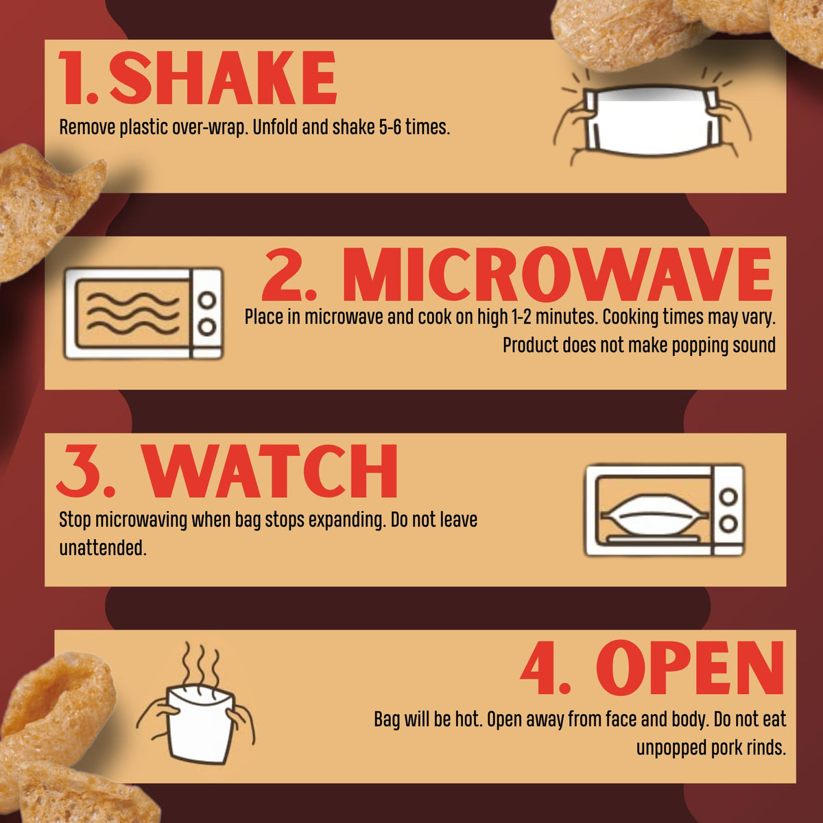 Microwave-ready instruction on bag showing 1–2 minutes to puff