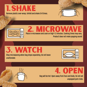 Microwave-ready instruction on bag showing 1–2 minutes to puff