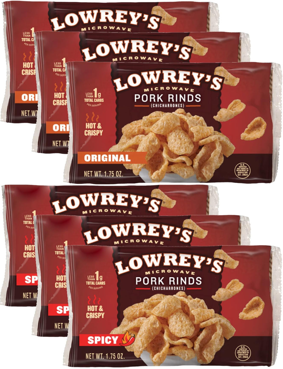 Lowrey's Bacon Curls Original bag front highlights a high-protein, crispy snack.