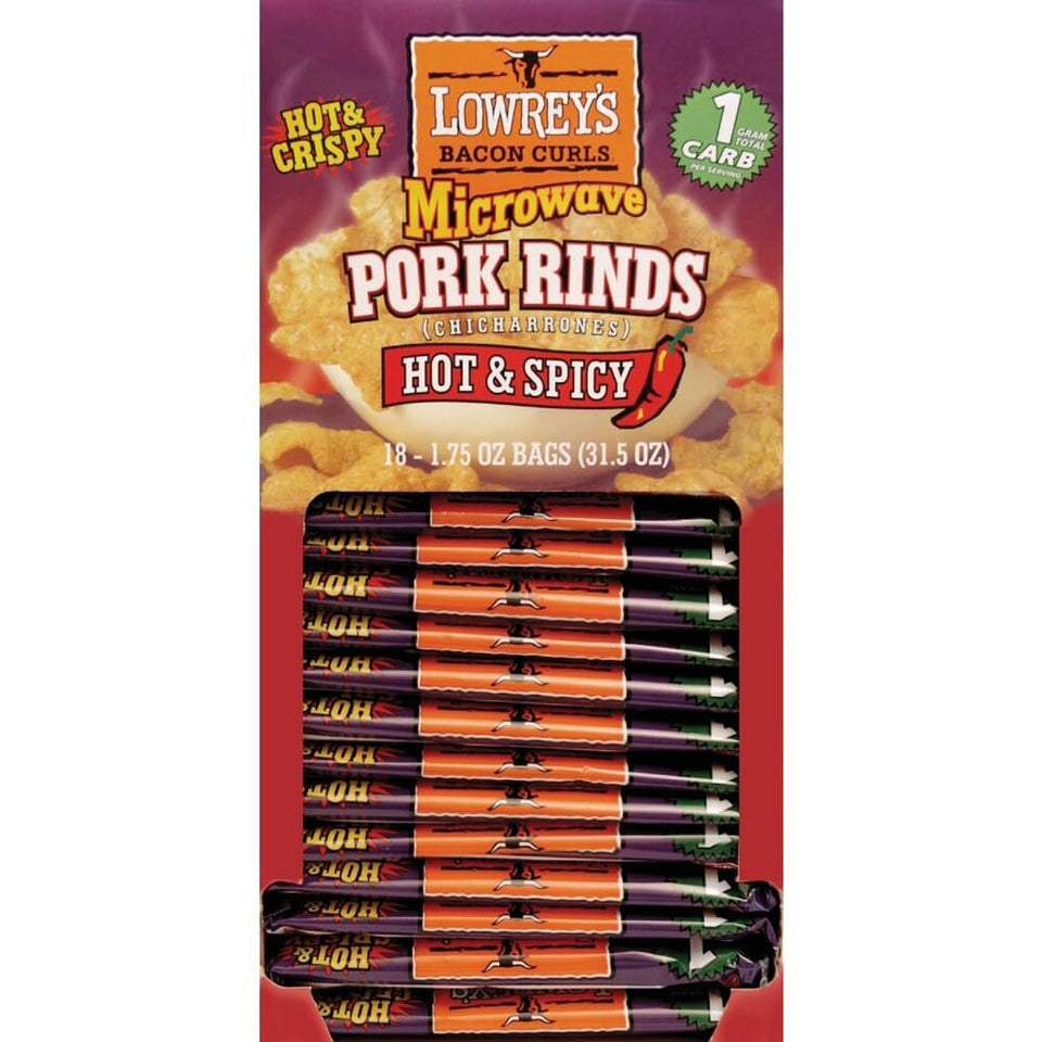 Lowrey's Hot and Spicy Microwave Pork Rinds front package showing bold flavor and crisp texture.