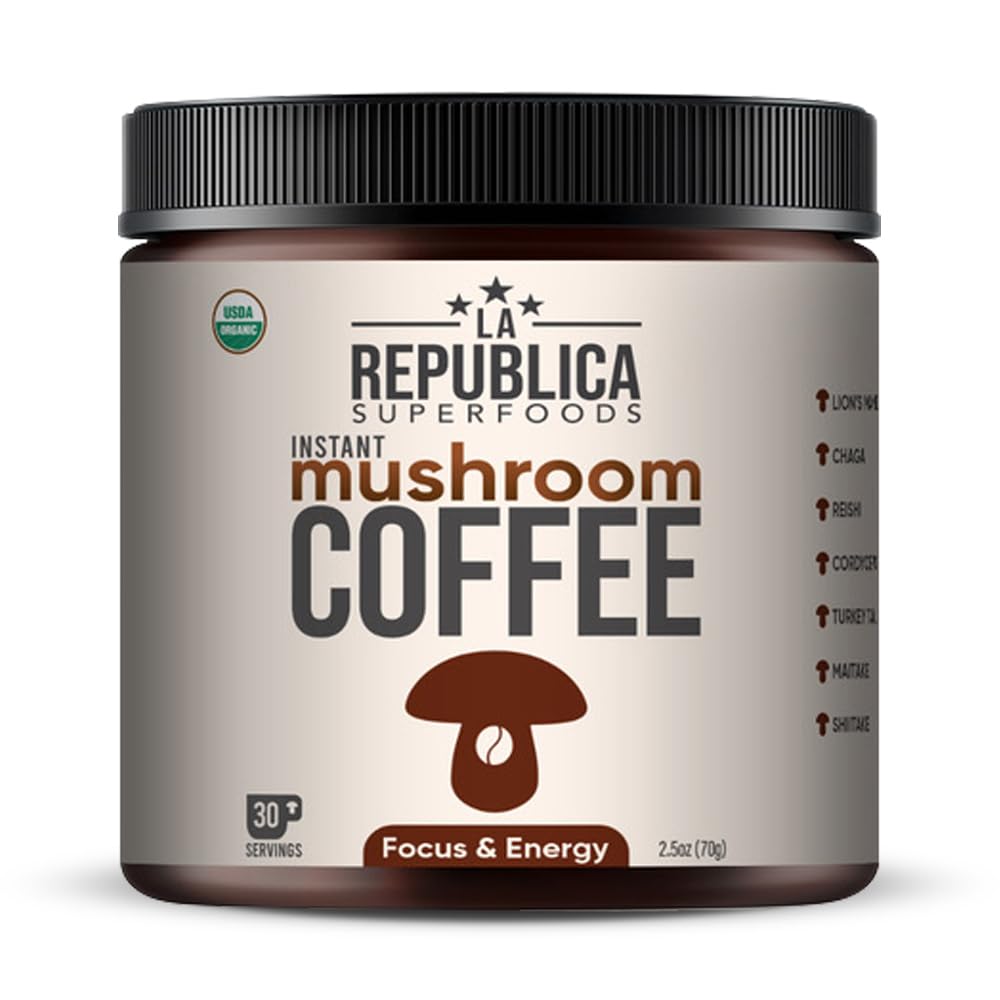 LRLA La Republica mushroom coffee packaging shows premium organic blend for smooth energy.