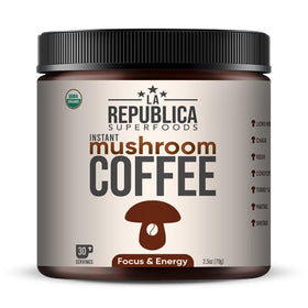 LRLA La Republica mushroom coffee packaging shows premium organic blend for smooth energy.