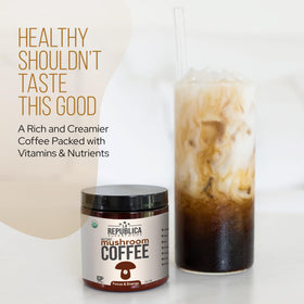 LRLA La Republica mushroom coffee powder closeup with seven mushrooms suggests enhanced focus potential.