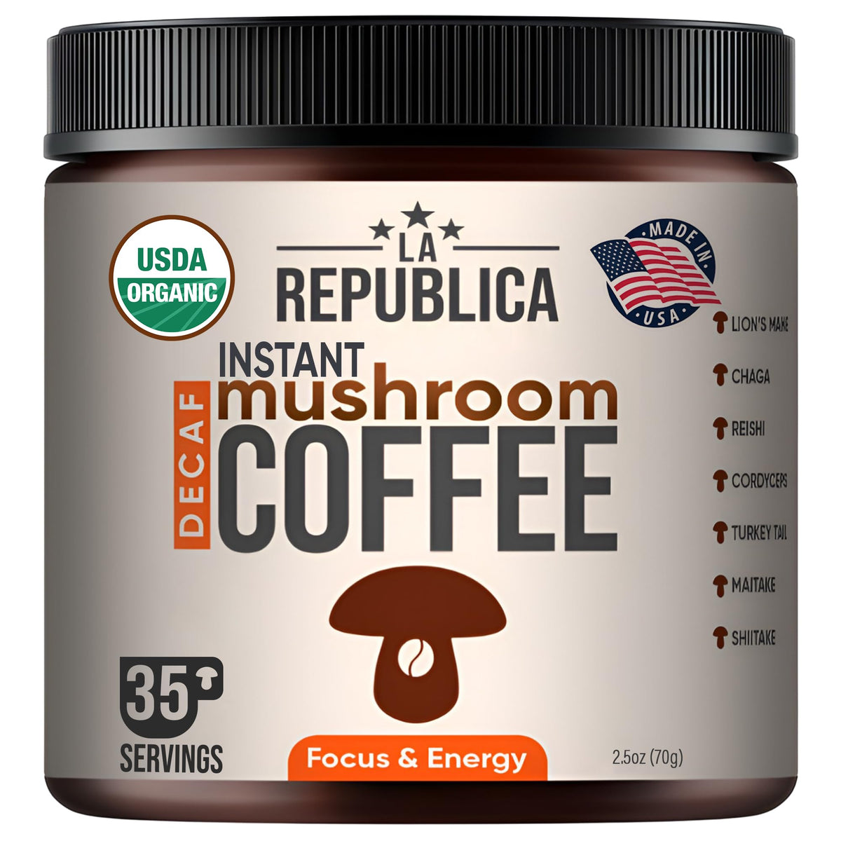 LRLA Superfoods La Republica Decaf mushroom coffee bottle pour for quick morning energy